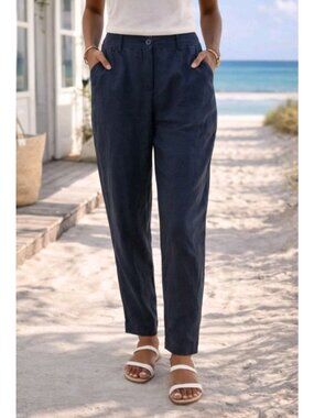Womens Linen Pants Tapered Casual Coastal Work Vacation Pockets Size 10 Blue